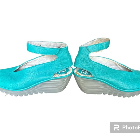 Fly London Yala Turquoise Leather Wedge w/Ankle Strap - Picture 5 of 9